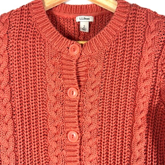 L.L BEAN Cable Knit Cotton Button Down Cardigan Sweater Size Small Orange - Picture 3 of 6